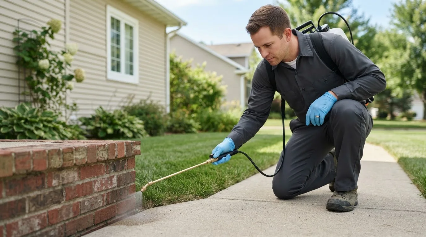 Pest control technician treating a home near Mouth Of Wilson, VA